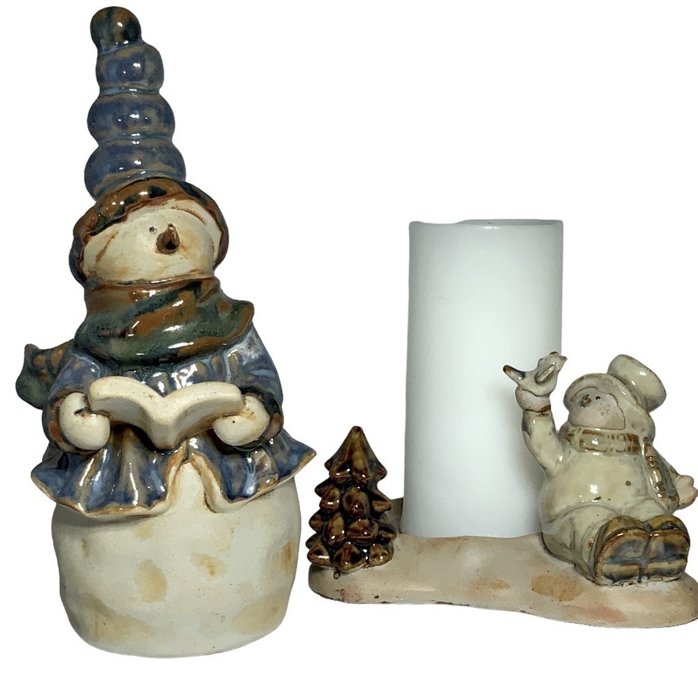 Holiday Candle Holder Set with Snowman Figurine Glazed Ceramic Christmas 2 Piece